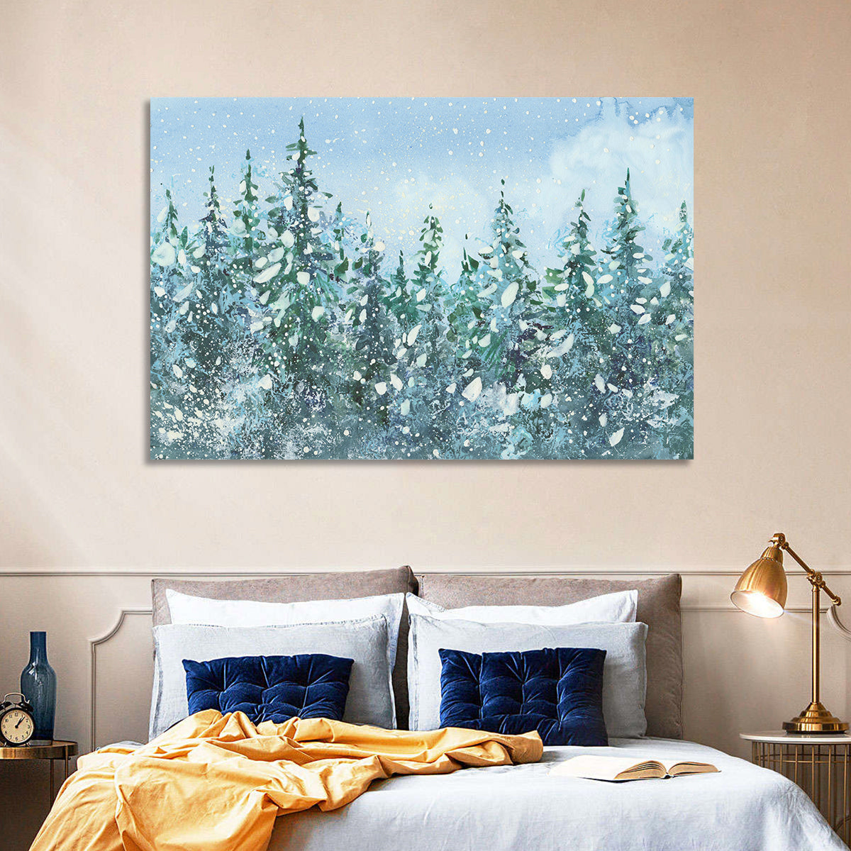 Snowy Spruce Forest Wall Art in a room, landscape