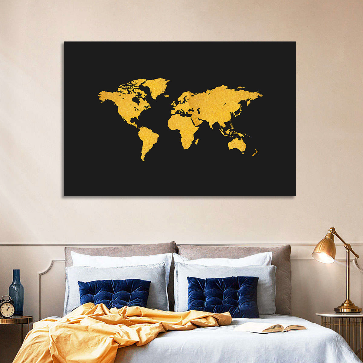 Gold Texture World Map Wall Art in a room, landscape