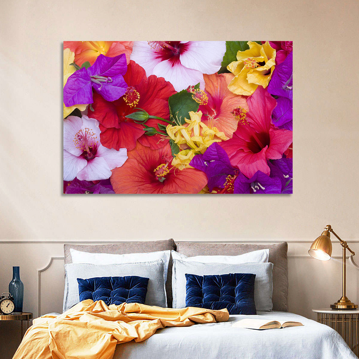 Tropical Bougainvillea and Hibiscus Bloom Wall Art in a room, landscape