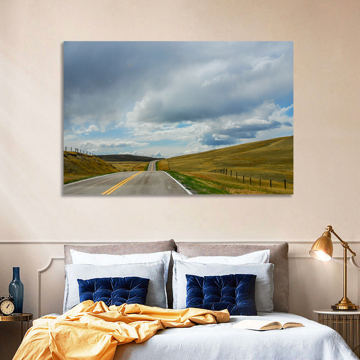 Montana Road Through Golden Hills Wall Art in a room, landscape