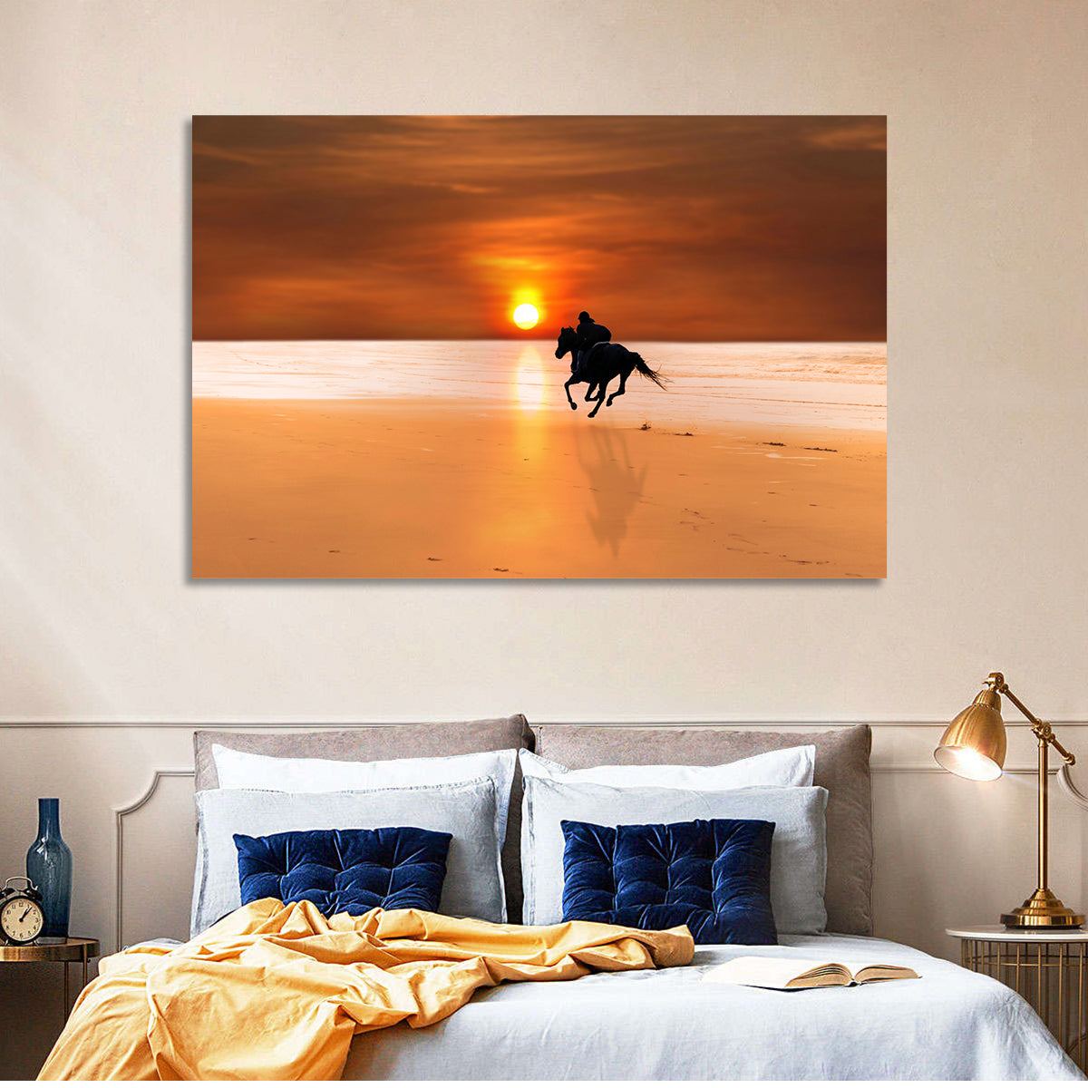 Horse and Rider at Sunset Wall Art in a room, landscape