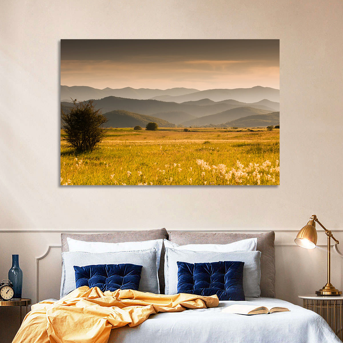 Golden Hour Countryside Hills Wall Art in a room, landscape