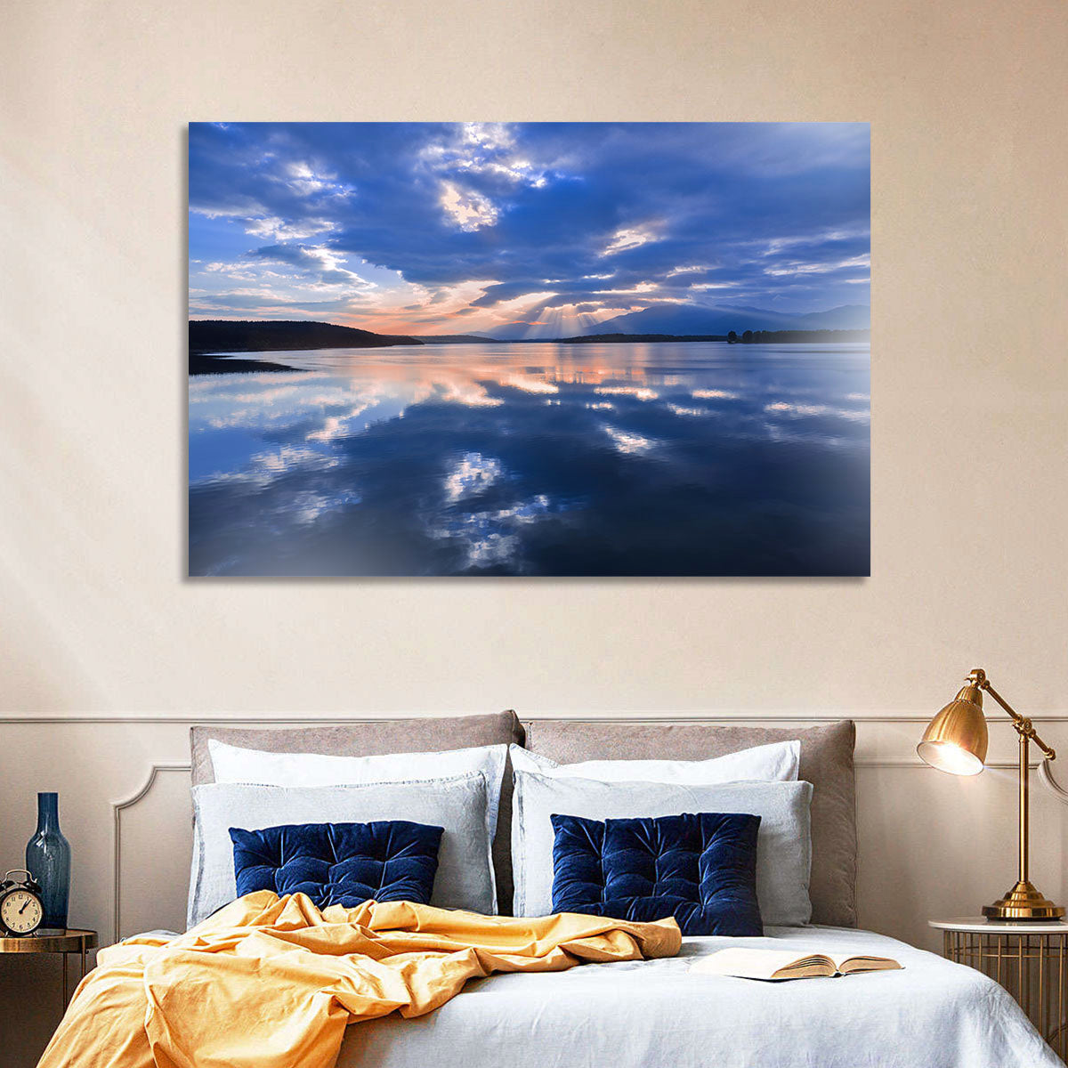 Cloudy Summer Lake Wall Art in a room, landscape