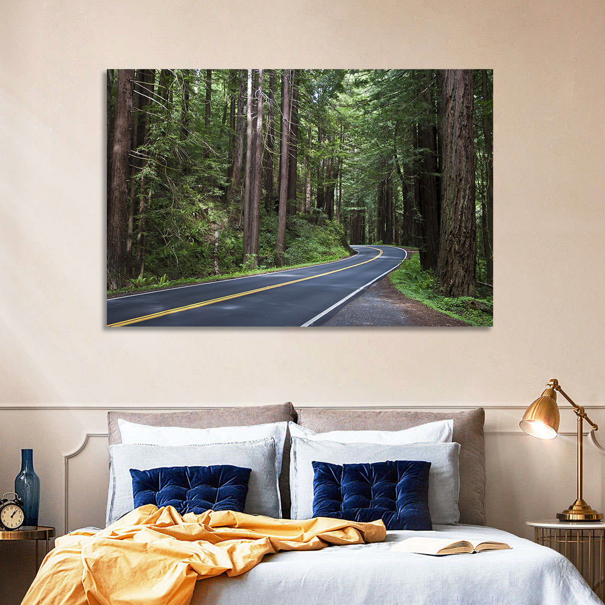 Winding Redwood Forest Road Wall Art in a room, landscape