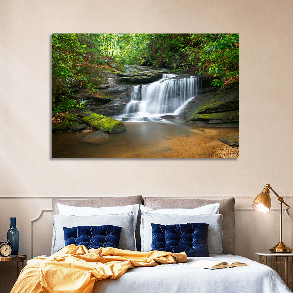 Blue Ridge Mossy Waterfall Wall Art in a room, landscape