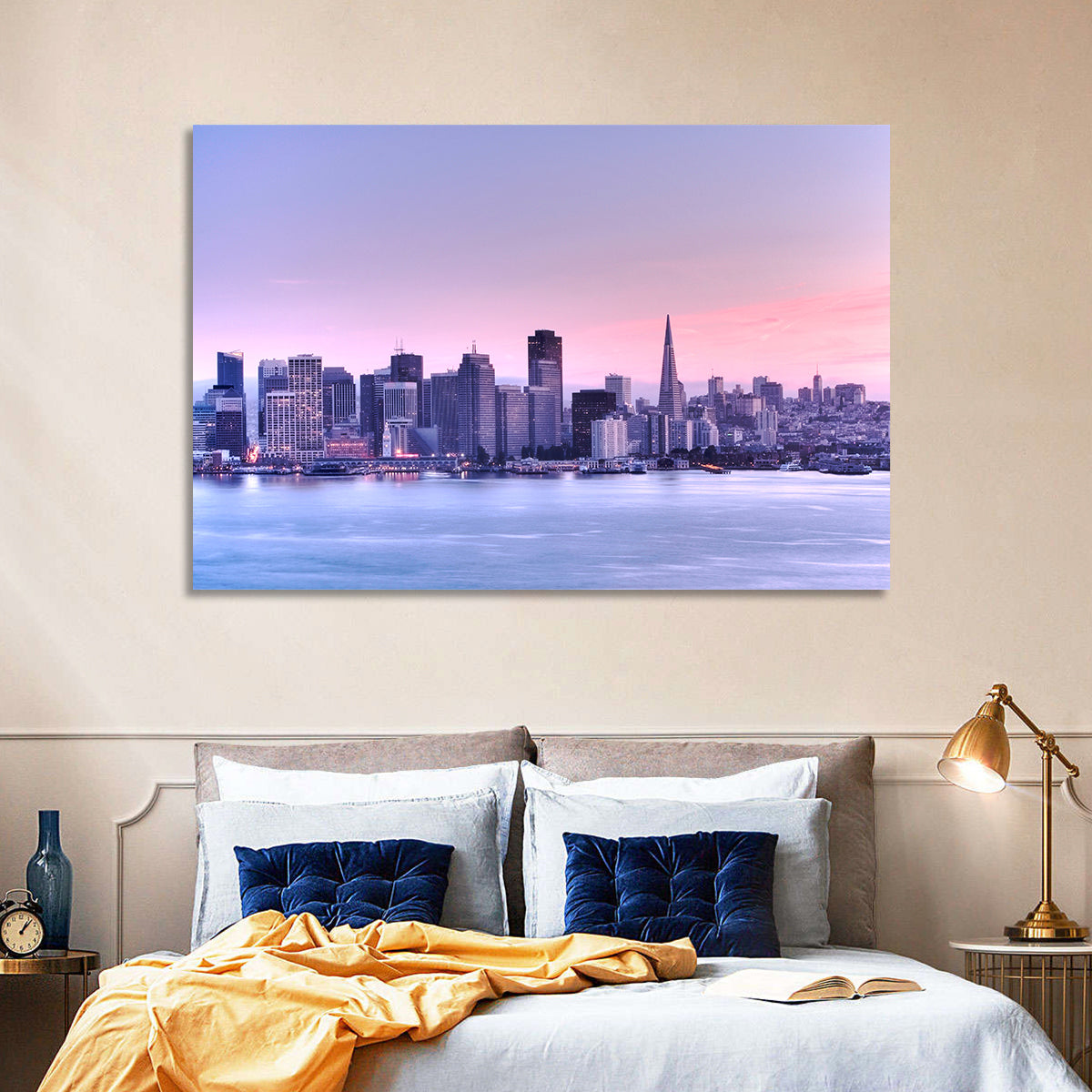 San Francisco Skyline at Lavender Dusk Wall Art in a room, landscape