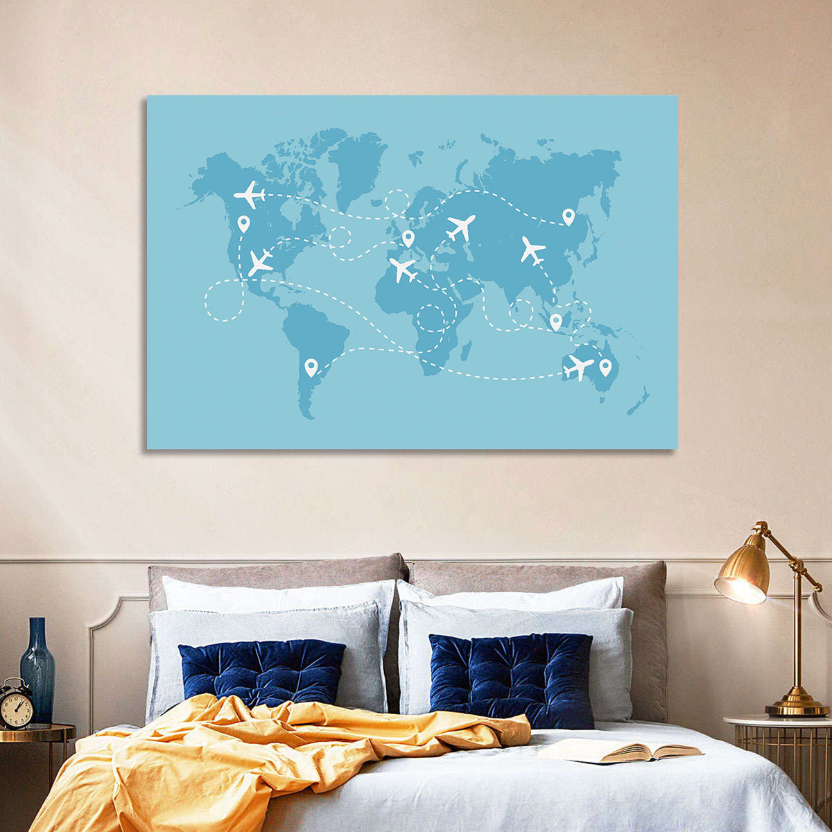 World Flight Routes Map Wall Art in a room, landscape