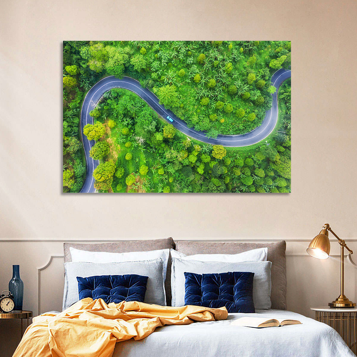 Blue Car on Summer Forest Road Wall Art in a room, landscape