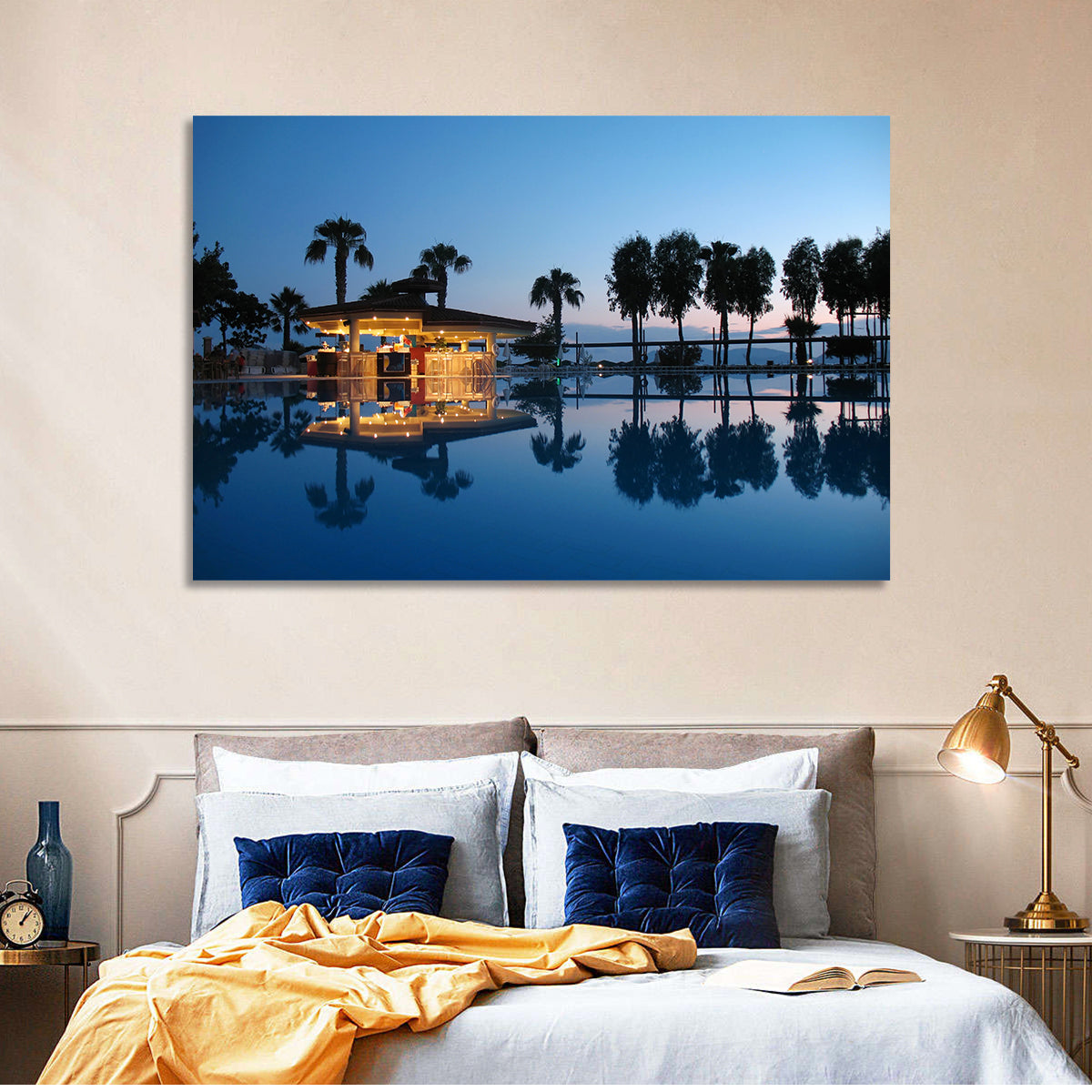 Twilight Poolside Bar Wall Art in a room, landscape