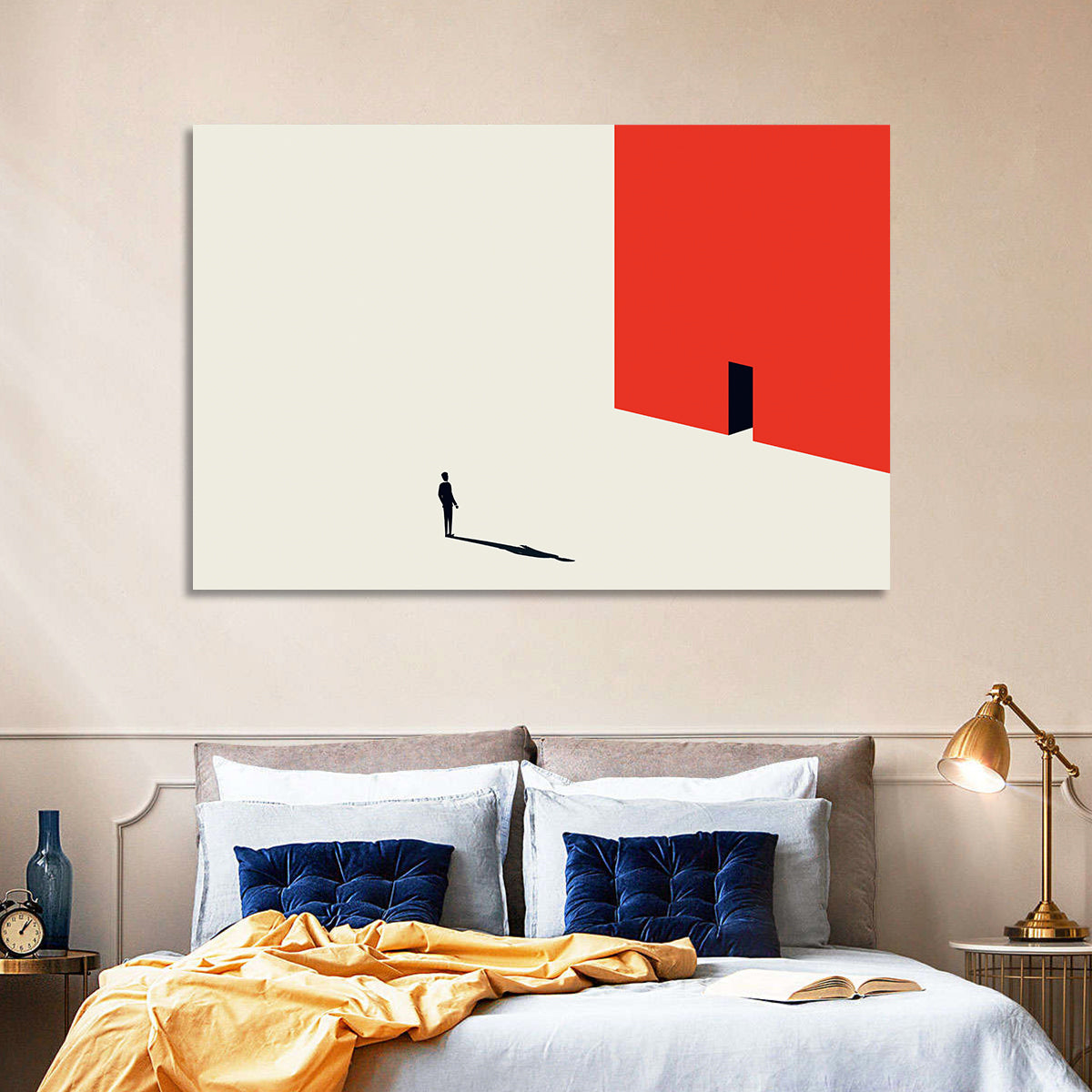 Solitary Figure with Red Door Wall Art in a room, landscape