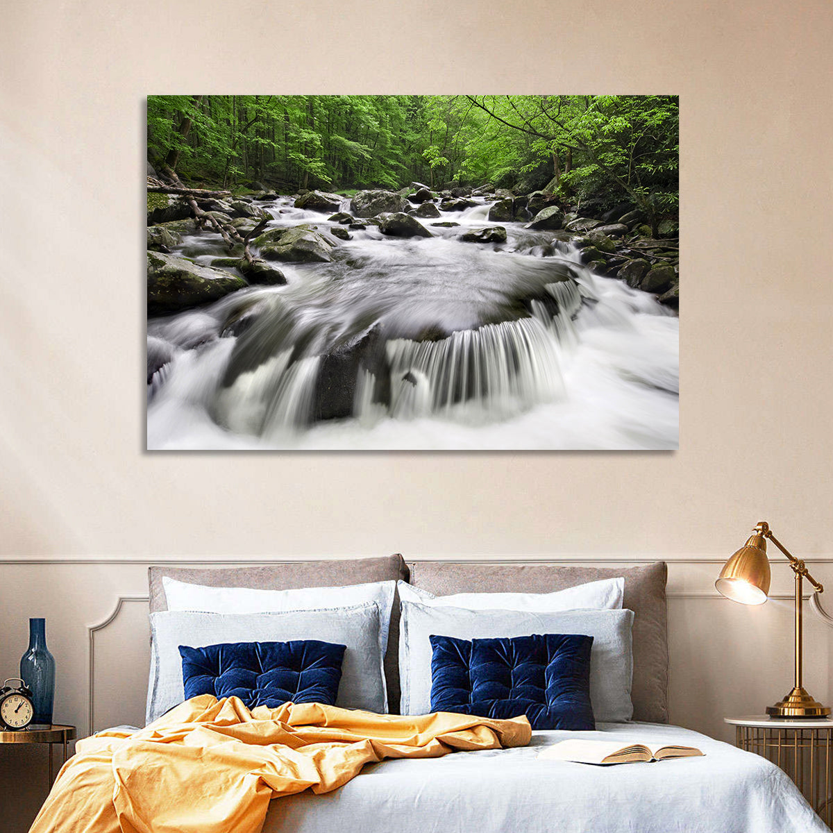 Smoky Mountains Cascading Stream Wall Art in a room, landscape