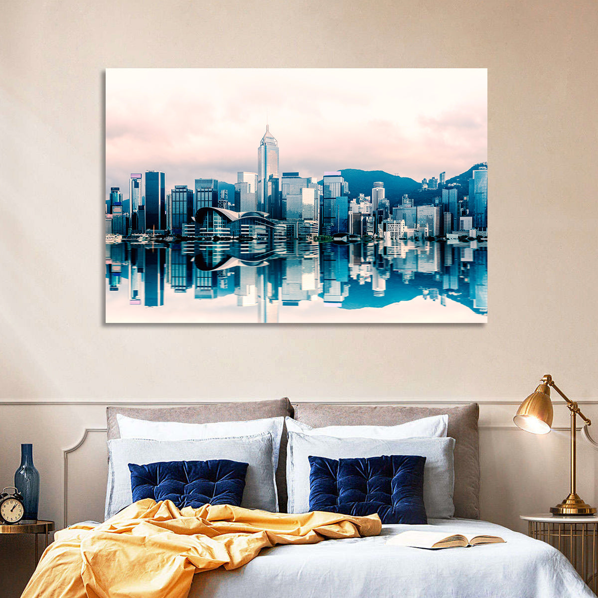 Victoria Harbour Sketch at Dusk Wall Art in a room, landscape