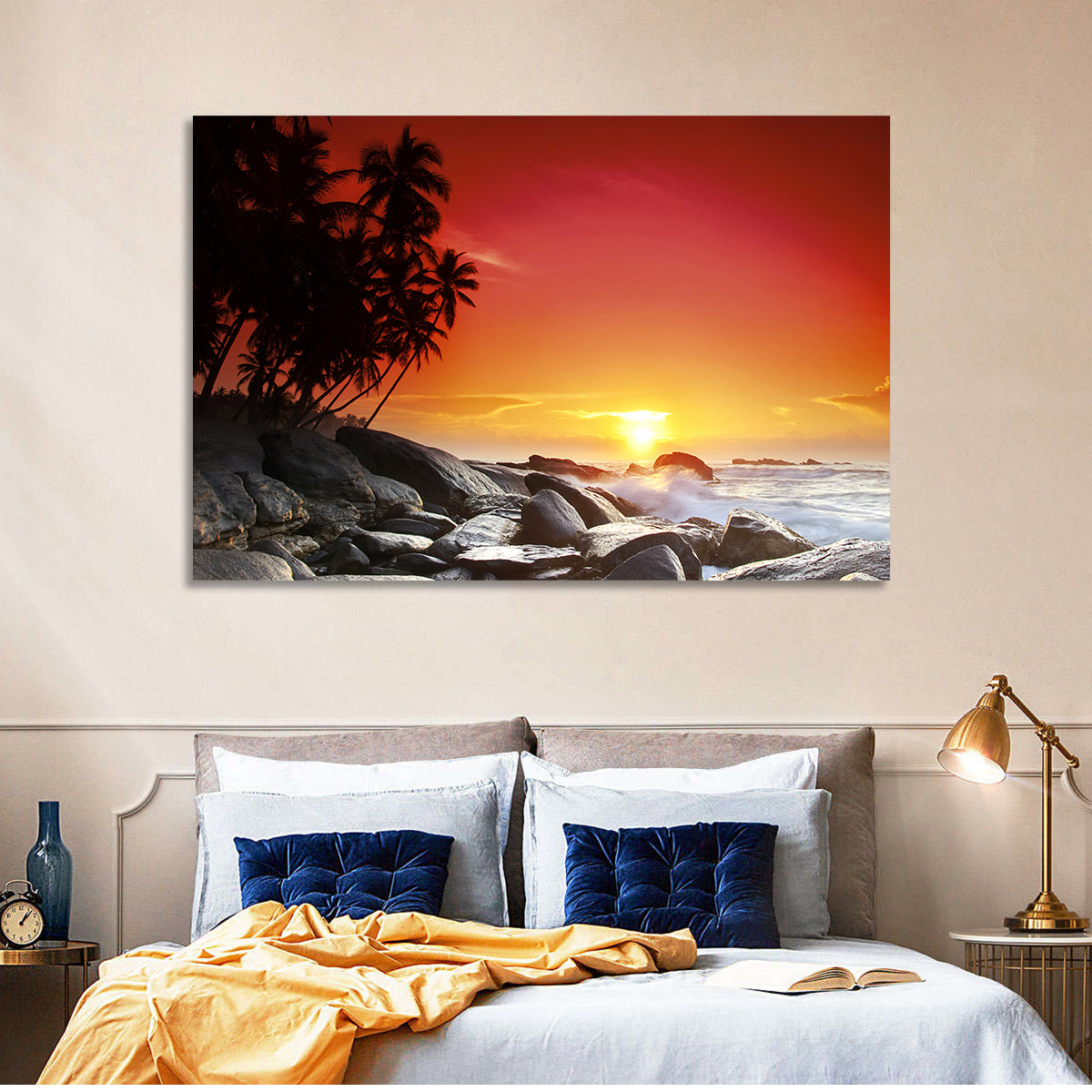 Tropical Island Sunset Wall Art in a room, landscape