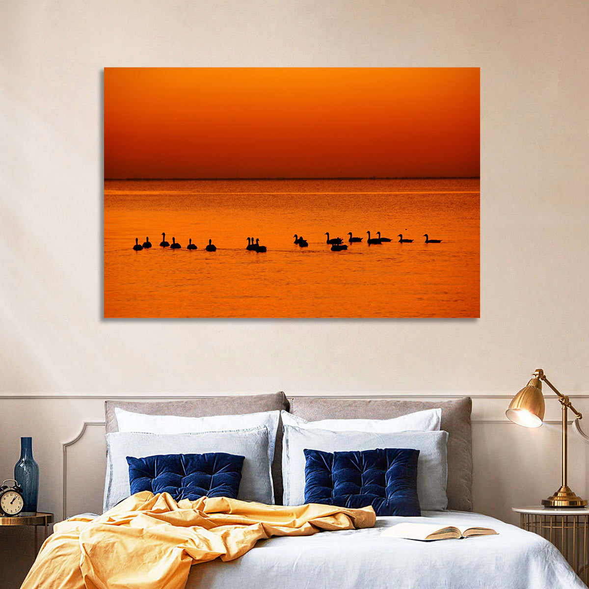 Geese Silhouettes at Orange Sunset Wall Art