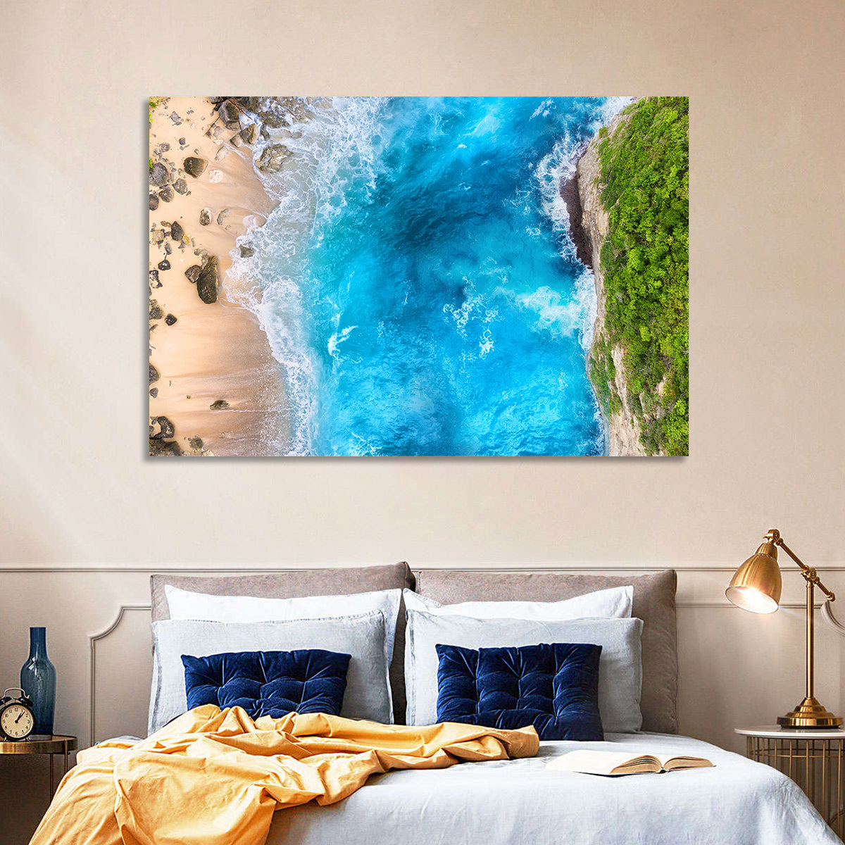 Aerial Turquoise Beach Cliffs Wall Art in a room, landscape