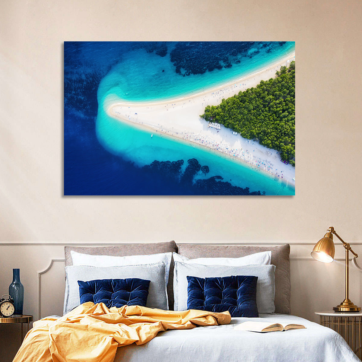 Zlatni Rat Beach Aerial Coast Wall Art in a room, landscape