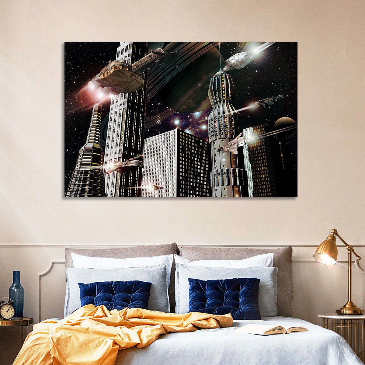 Ringed Planet Cityscape Wall Art in a room, landscape