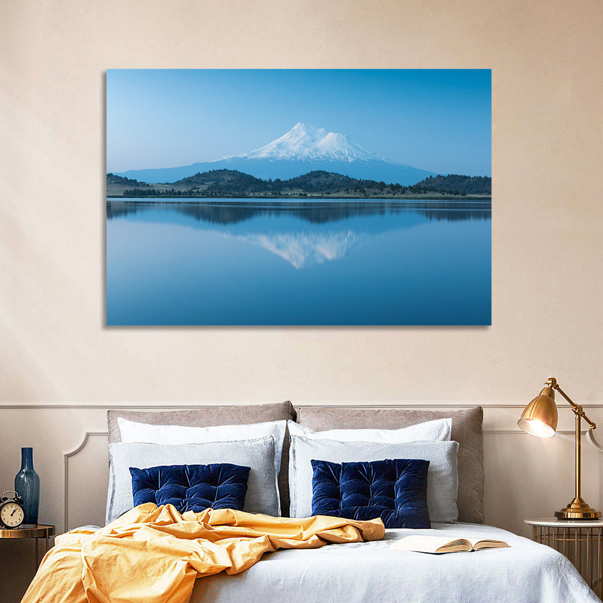 Snowy Mount Shasta Wall Art in a room, landscape
