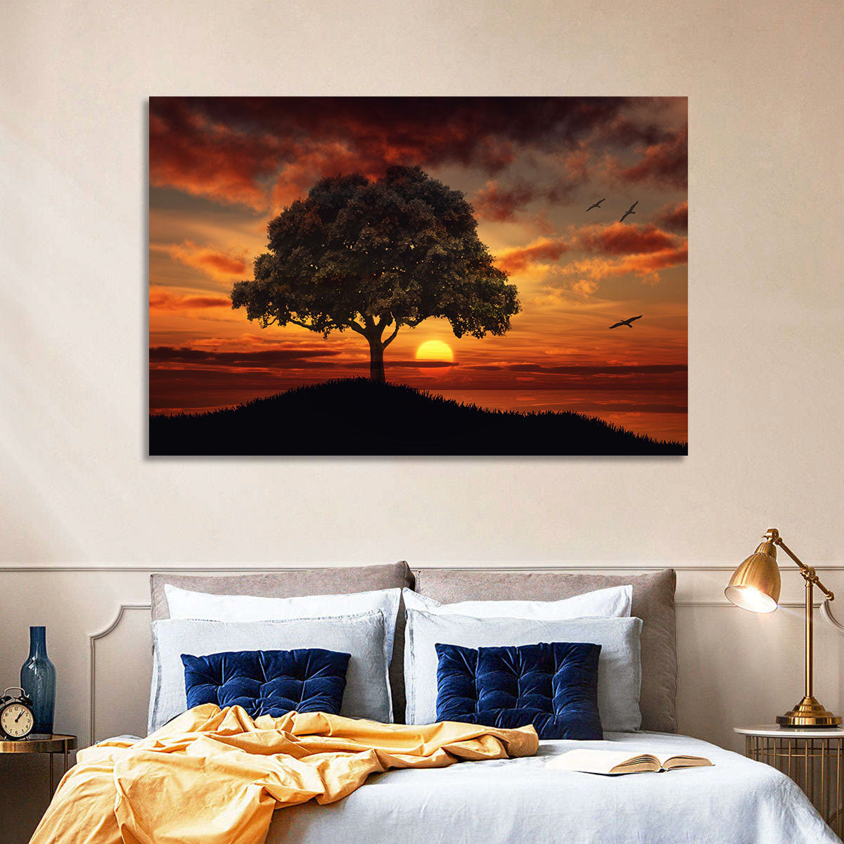 Lone Tree at Sunset with Birds Wall Art in a room, landscape