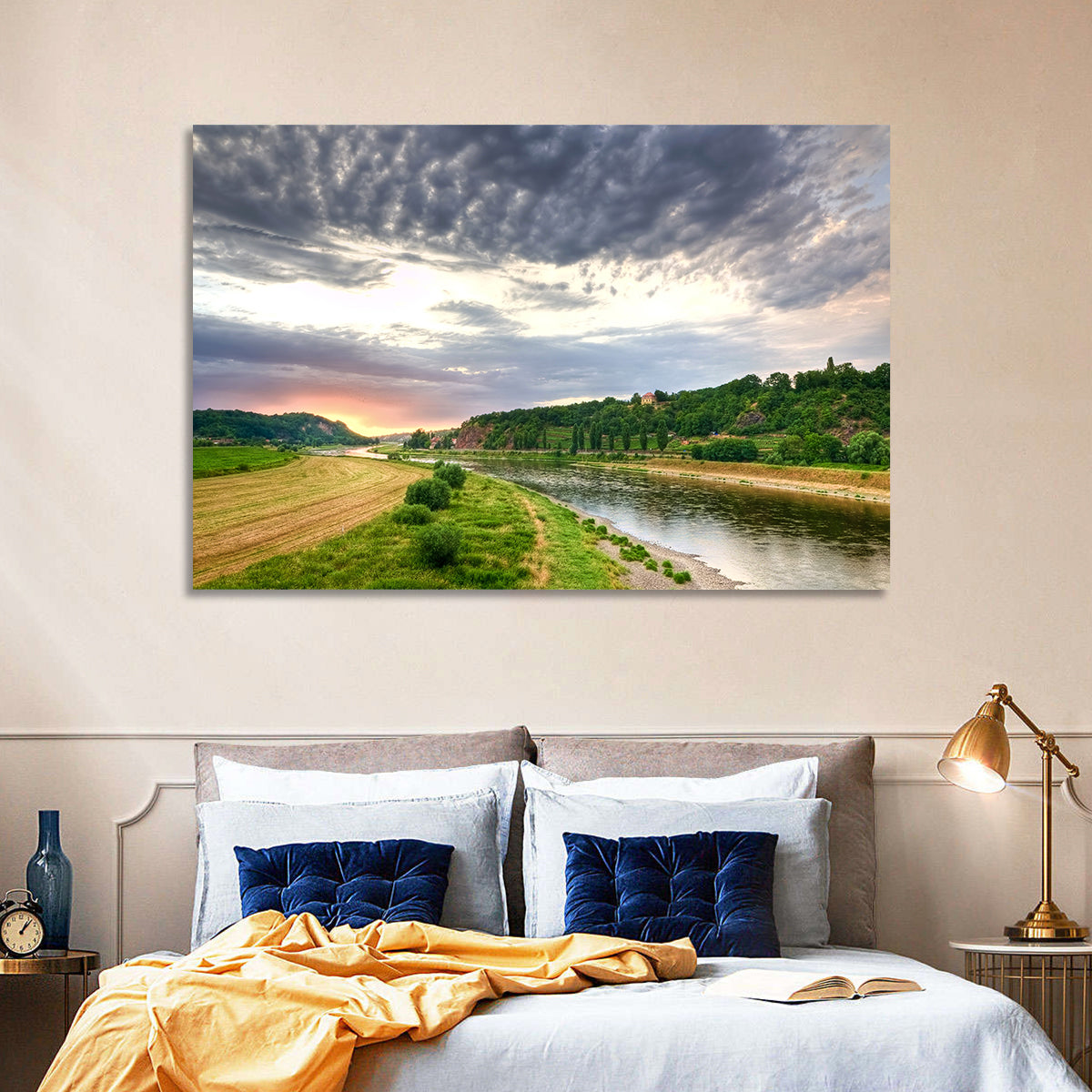 Elbe River at Golden Hour Wall Art in a room, landscape