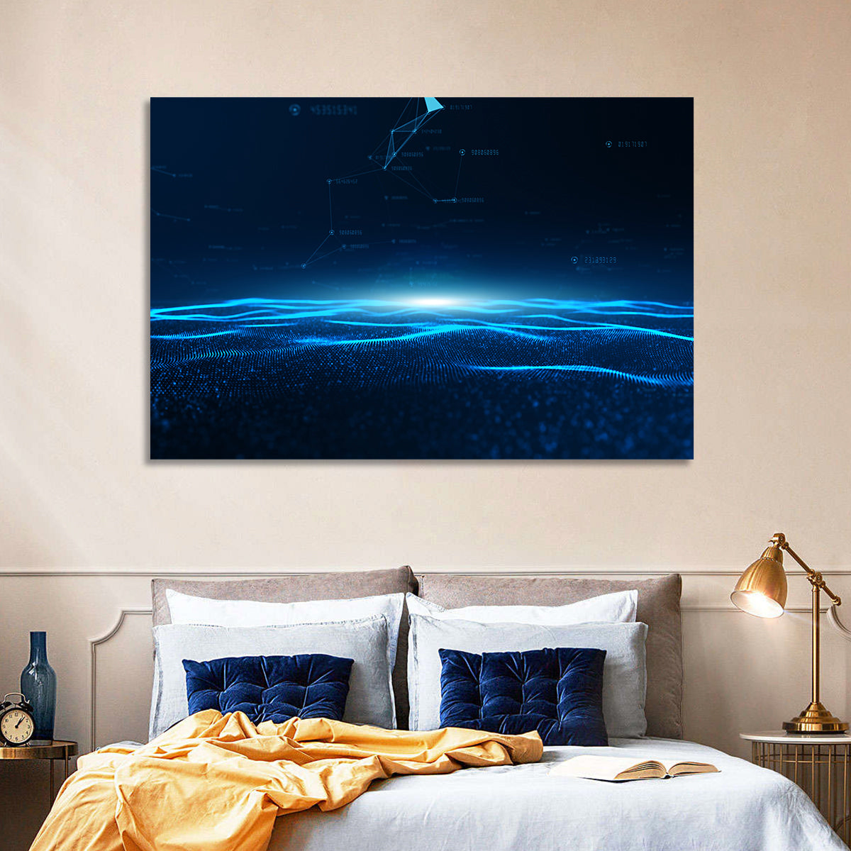 Digital Data Waves Wall Art in a room, landscape