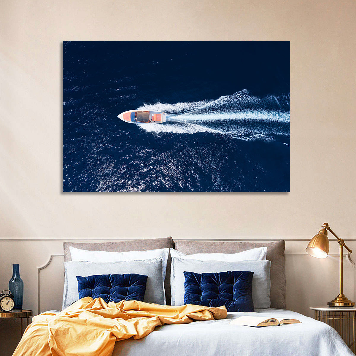 Sleek Speedboat Over Navy Sea Wall Art in a room, landscape