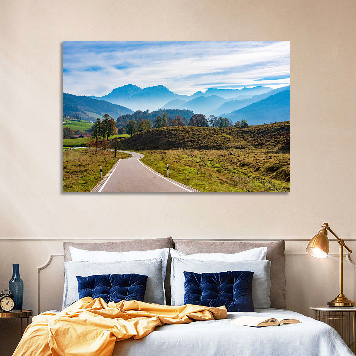 Bavarian Mountain Valley Wall Art in a room, landscape