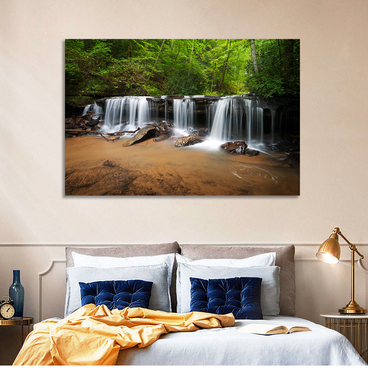 Lush Green Forest Waterfall Wall Art in a room, landscape