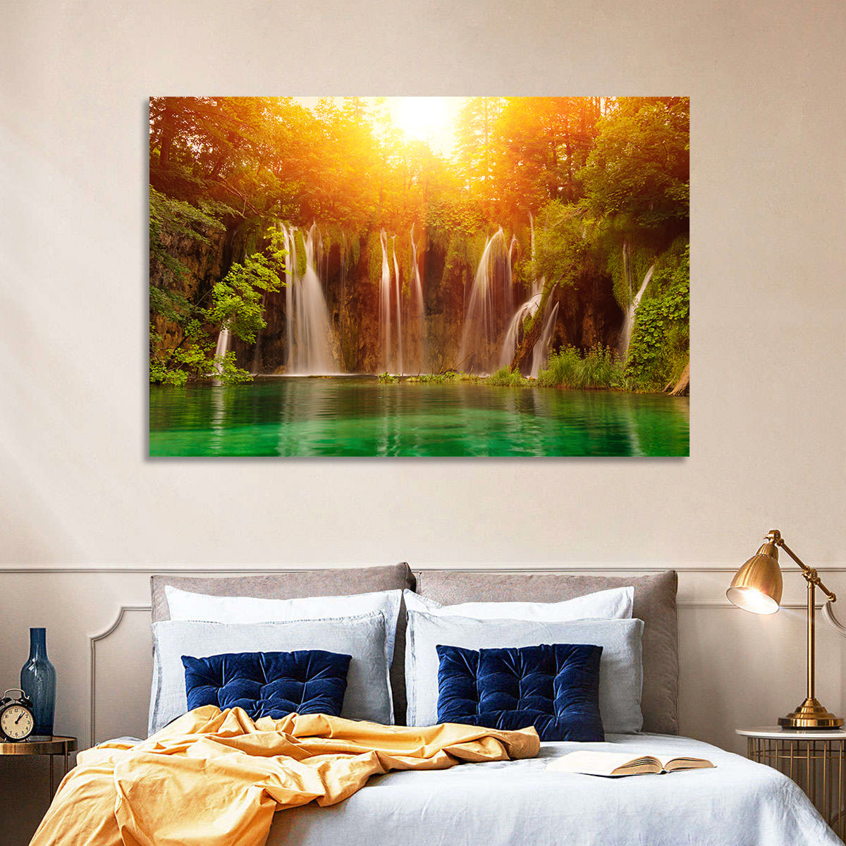 Plitvice Lakes Waterfalls Wall Art in a room, landscape