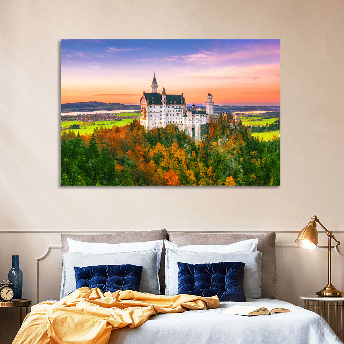 Neuschwanstein Castle at Autumn Sunset Wall Art in a room, landscape