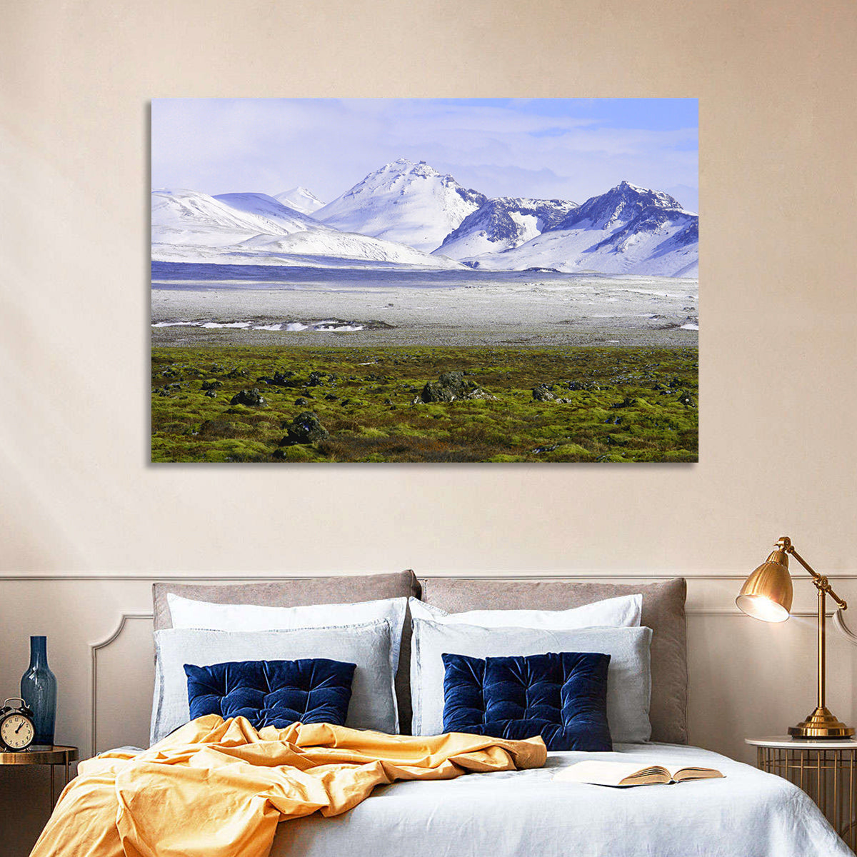 Icelandic Snow and Moss Landscape Wall Art in a room, landscape