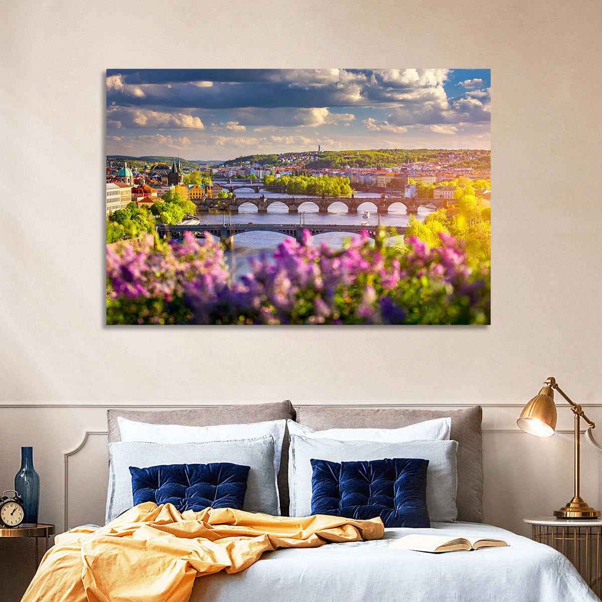 Prague Vltava Bridges in Spring Light Wall Art in a room, landscape