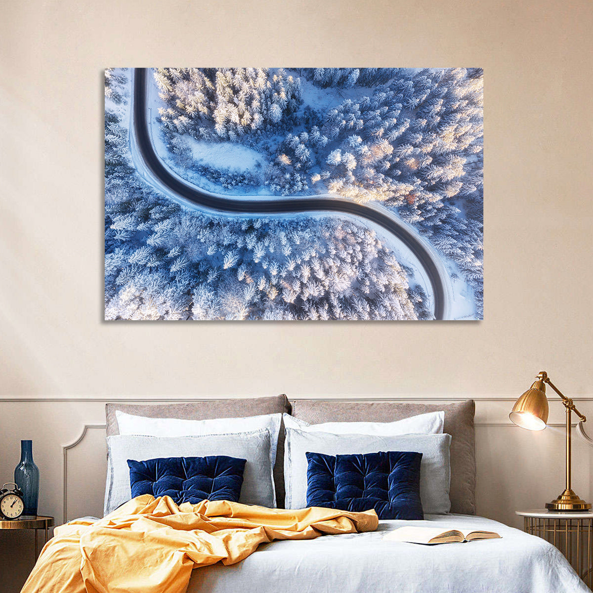 Snowy Forest Road at Golden Hour Wall Art in a room, landscape