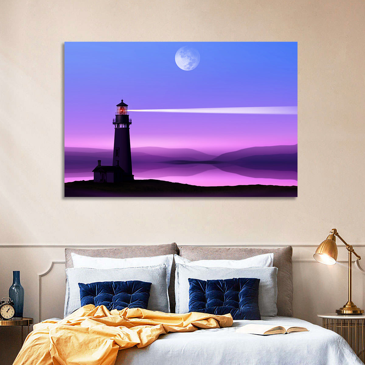 Moonlit Lighthouse Reflection Wall Art