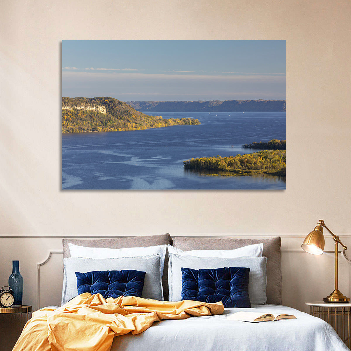 Mississippi River Autumn Panorama Wall Art in a room, landscape