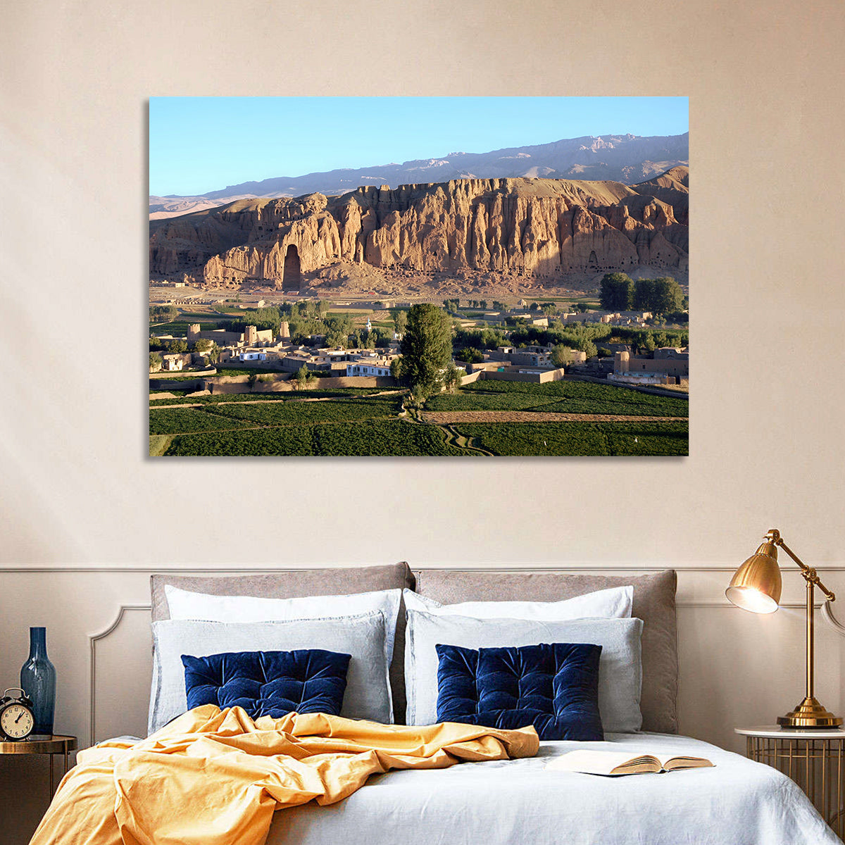 Bamiyan Valley Cliff Niche at Golden Hour Wall Art in a room, landscape