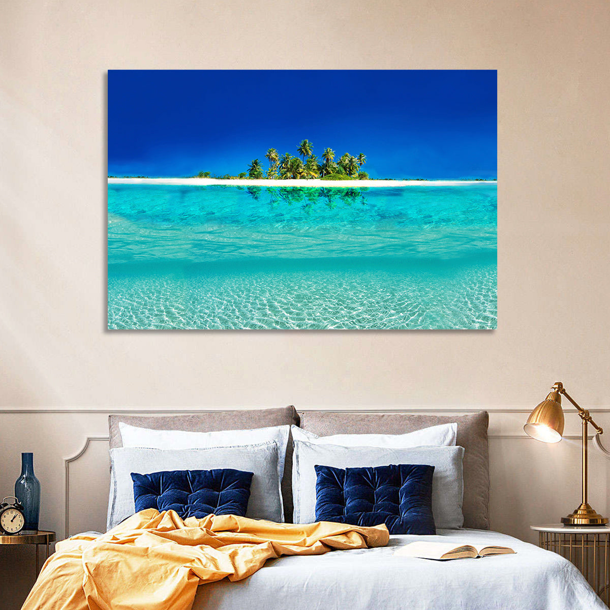 Tranquil Split-level Tropical Island Seascape Wall Art in a room, landscape