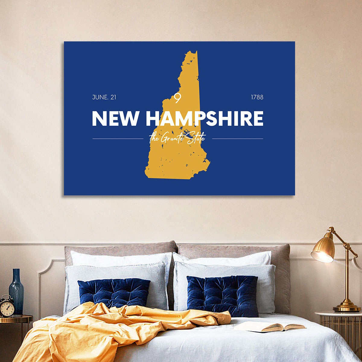New Hampshire State Map, Blue and Gold Wall Art in a room, landscape