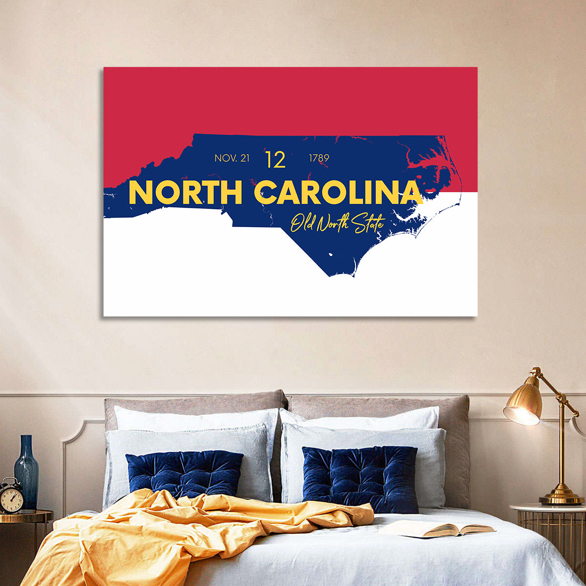 North Carolina Typographic Map Wall Art in a room, landscape