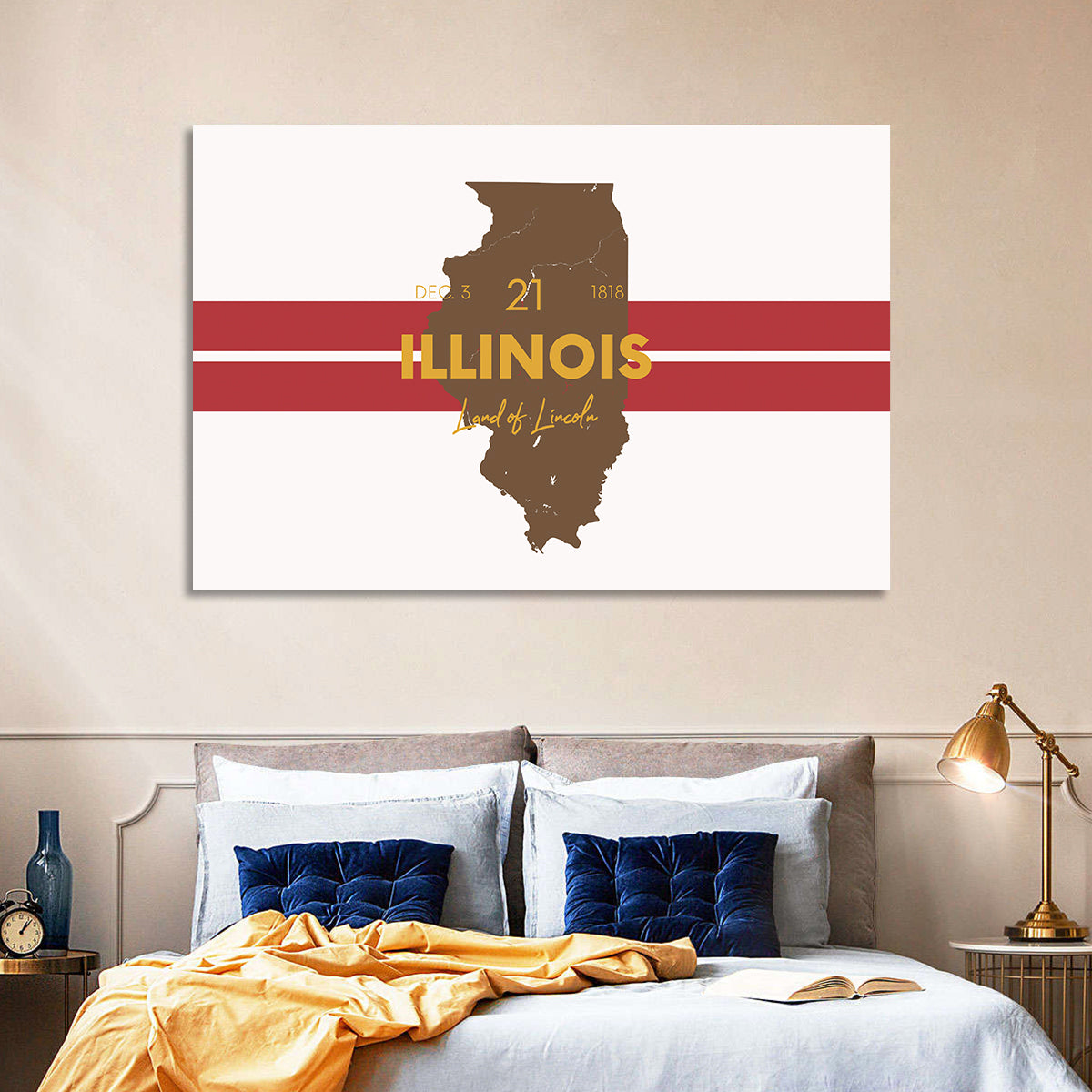 Illinois Map Land of Lincoln Wall Art in a room, landscape