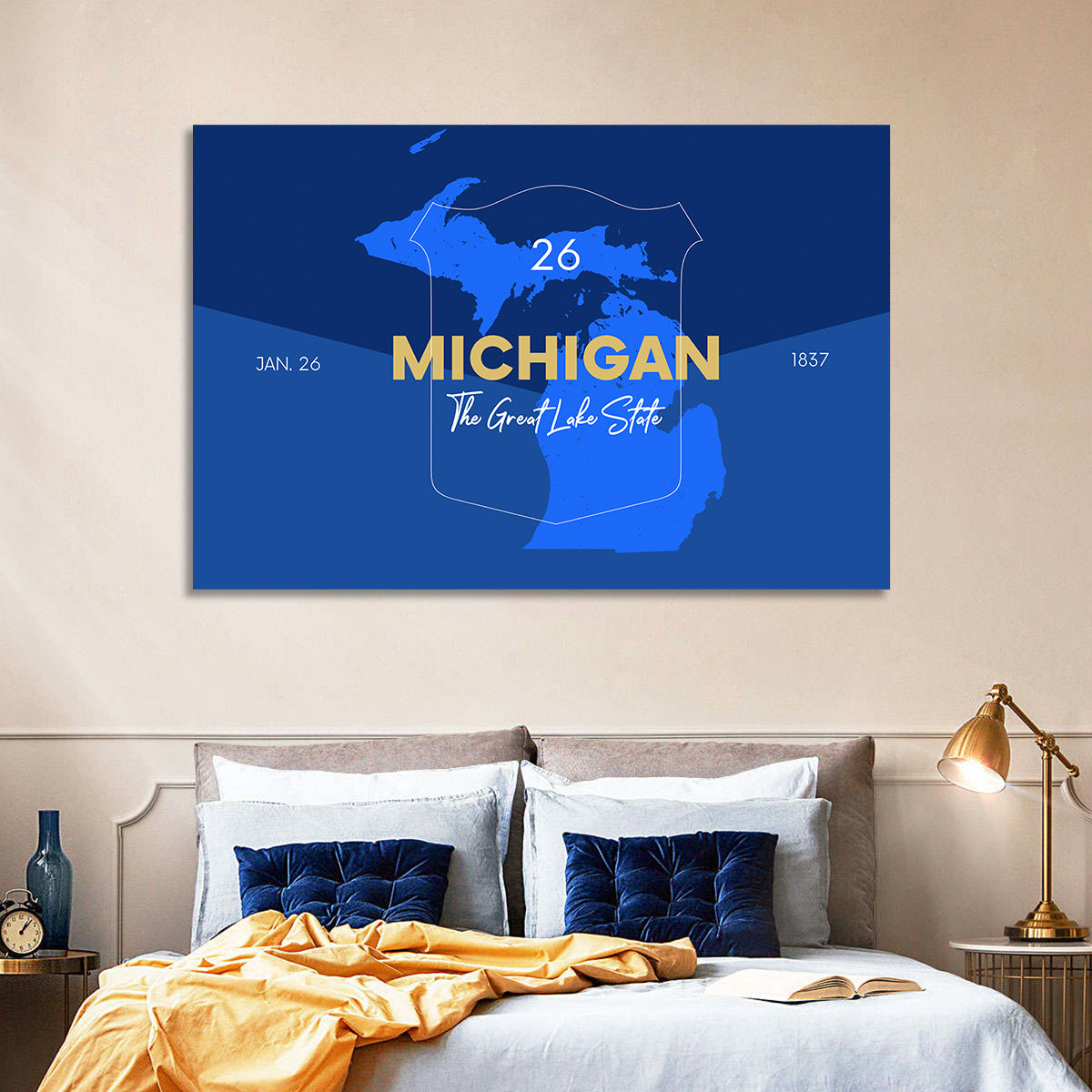 Michigan Shield Map Graphic Wall Art in a room, landscape
