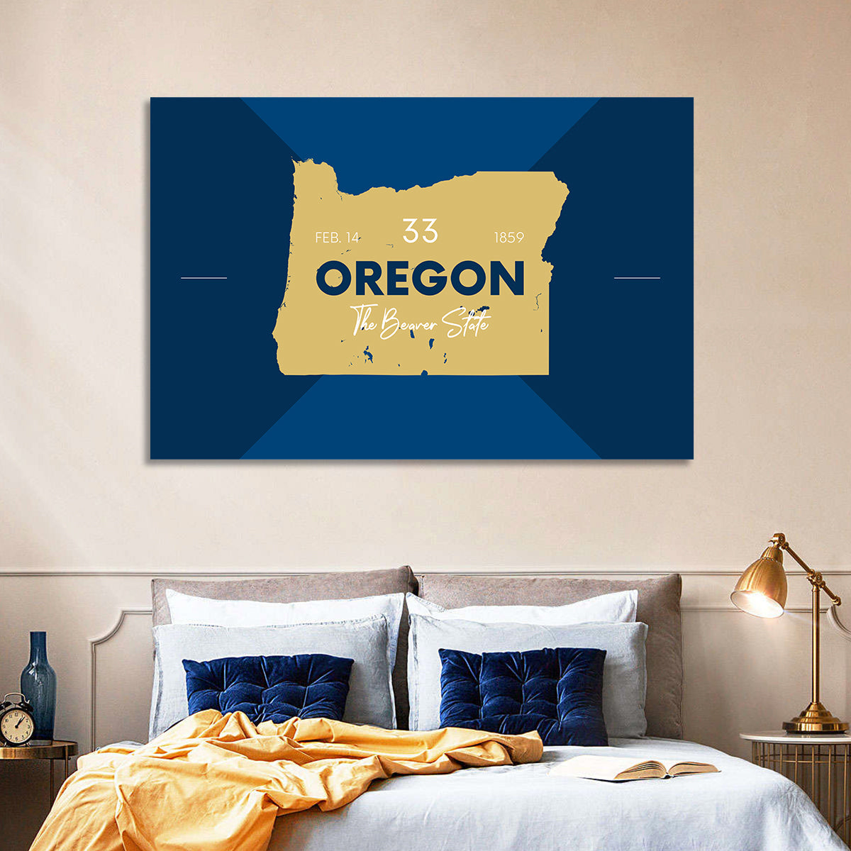 Oregon Typographic Map Wall Art in a room, landscape