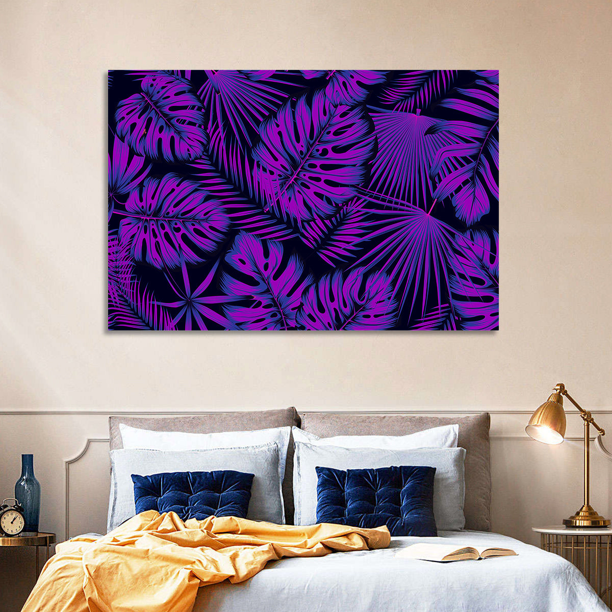 Violet Tropical Leaves Wall Art in a room, landscape