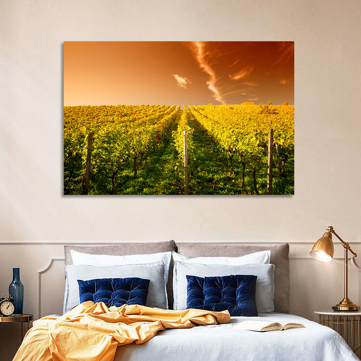 Golden Vineyard Sunset Wall Art in a room, landscape