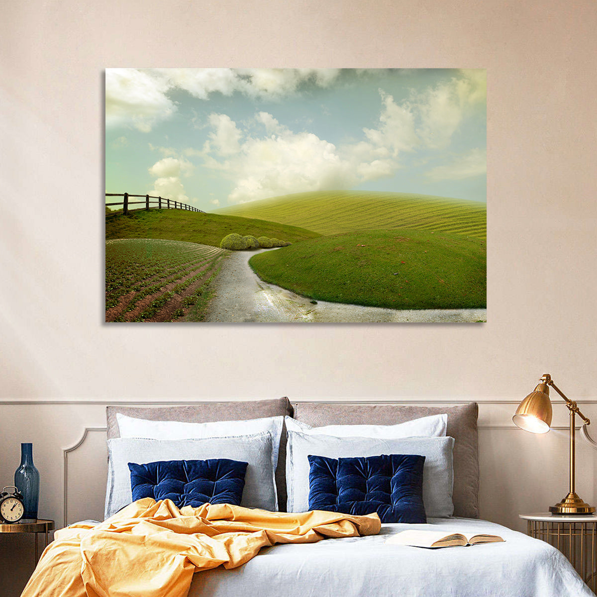 Winding Road Through Rolling Hills Wall Art in a room, landscape