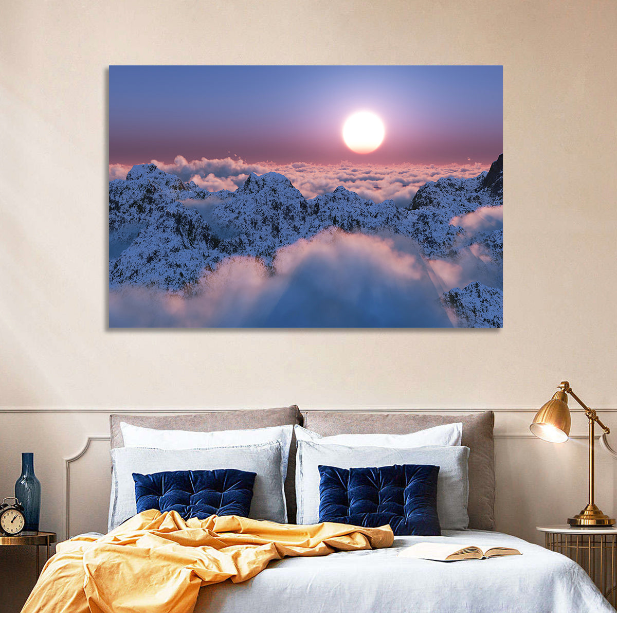 Sunset Above Snowy Mountains Wall Art in a room, landscape