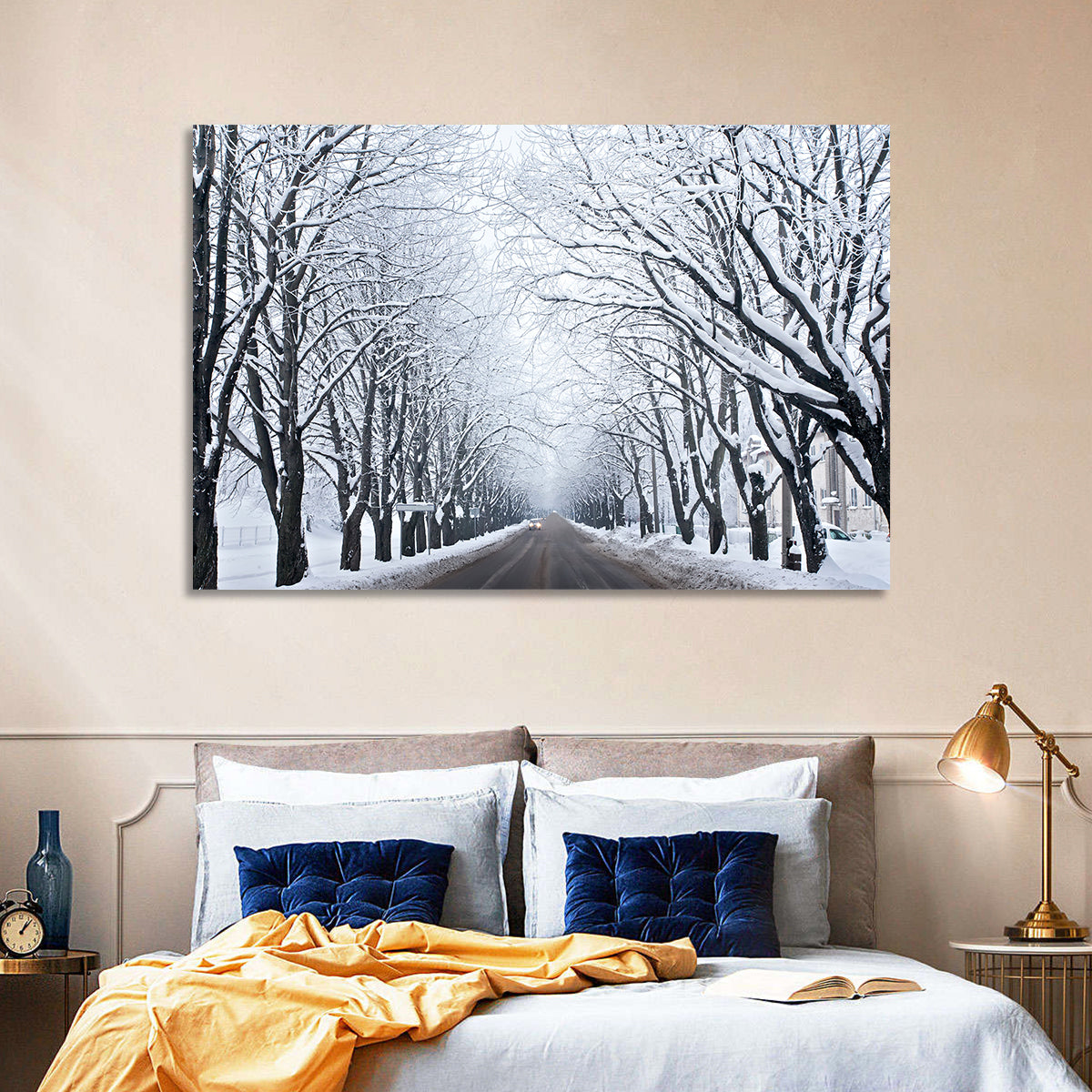 Snowy Road with Distant Headlights Wall Art in a room, landscape