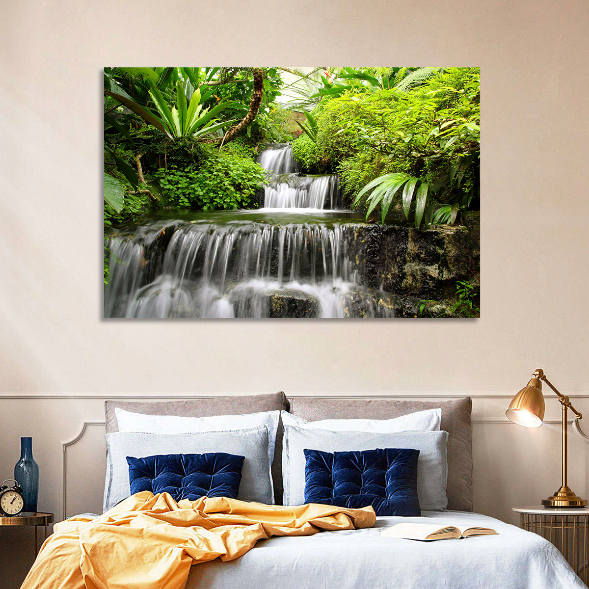 Lush Rainforest Cascade Wall Art in a room, landscape