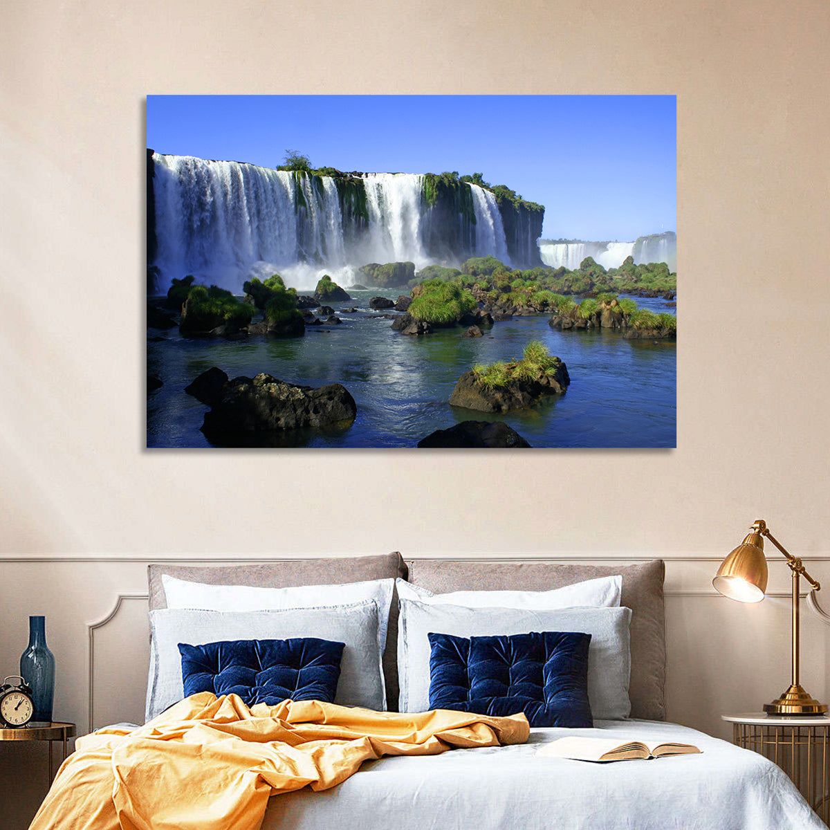 Iguazu Falls Mossy Rocks Wall Art in a room, landscape