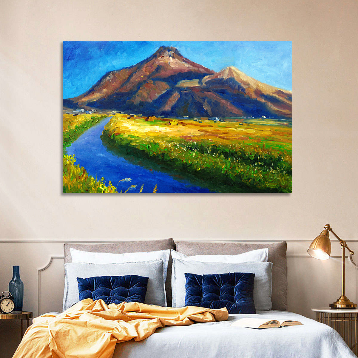 Mountain Village Stream at Golden Hour Wall Art in a room, landscape